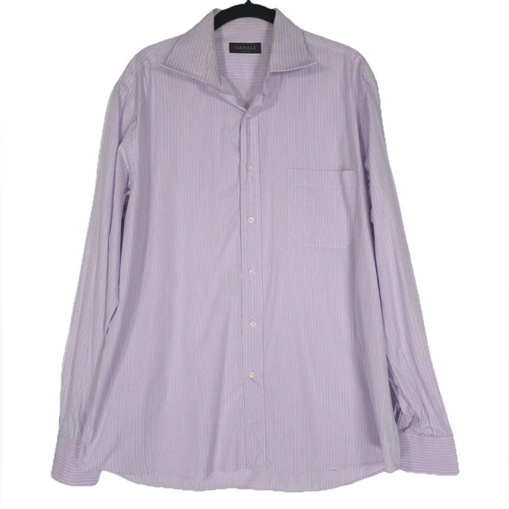 CANALI ITALY🇮🇹MADE Men’s Dress Shirt Striped Purple White Size‎ 42 / 16 1/2